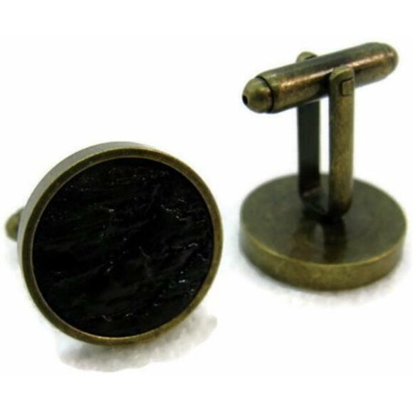Textured Black Cuff Bullet Round 1" x 3/4" Antique Gold-Tone Base Men Cufflinks - Picture 5 of 10